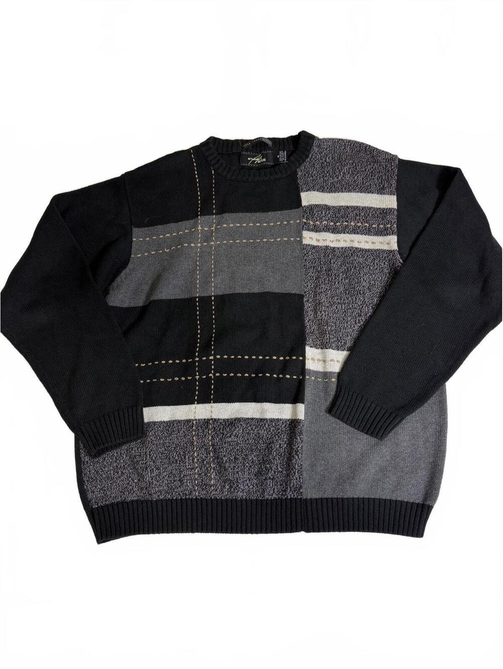 Vintage Studio Bill Blass Men's Medium 100% Cotton Patchwork Crew Neck Sweater
